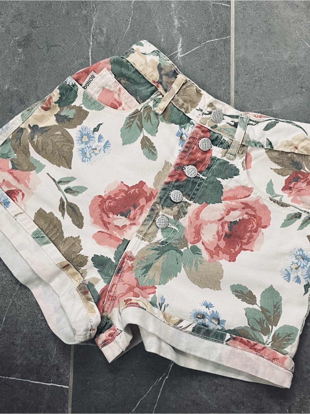 Vintage BONGO Rose Print Denim Shorts
